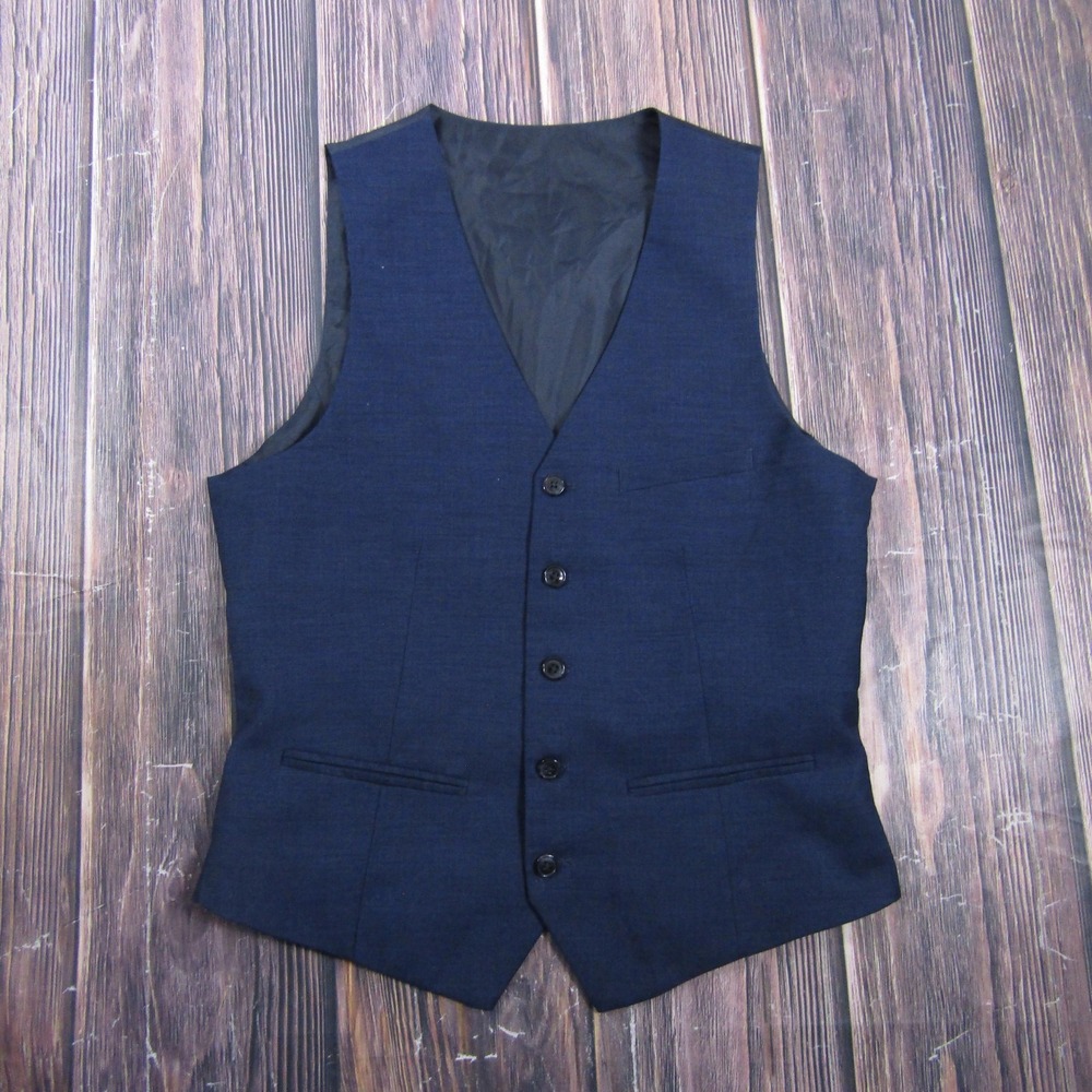 Suit Vest Mens 38 Blue Solid Polyester Viscose 3 Piece Belted Formal Waistcoat